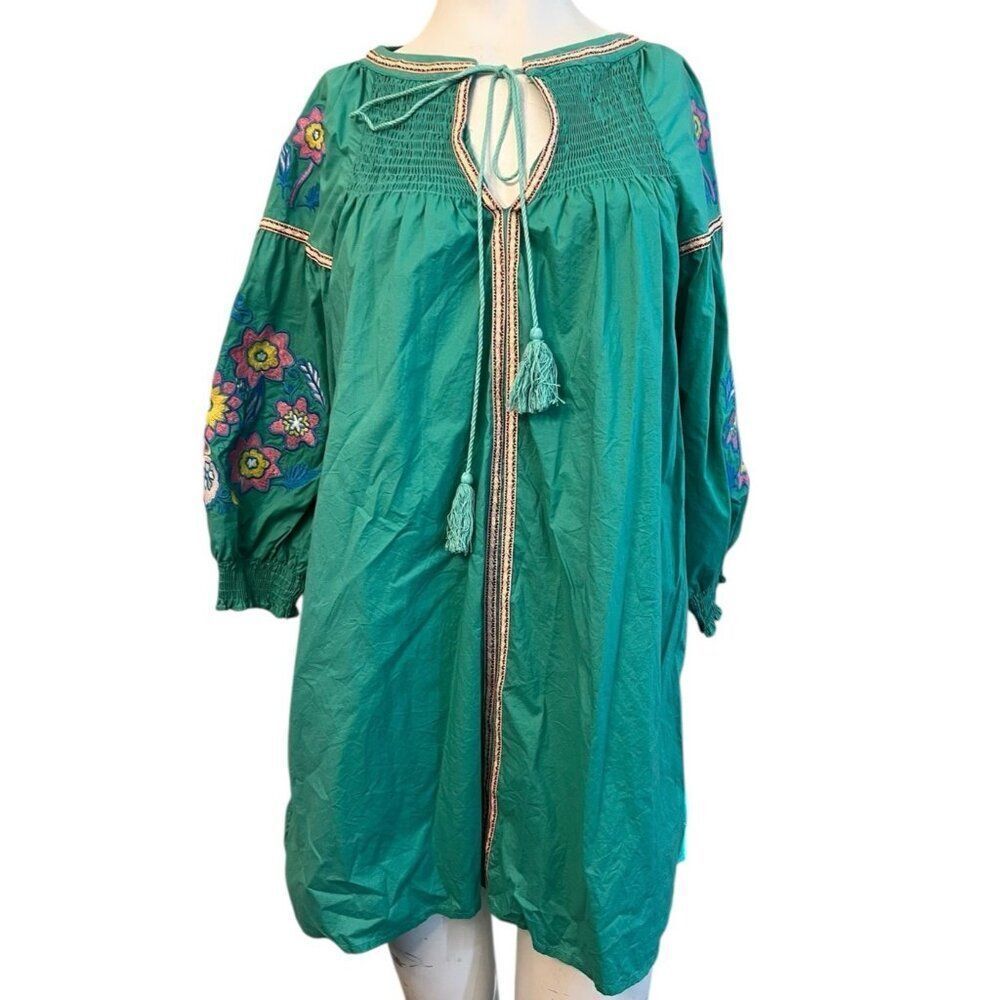 Velzera Small Green Relaxed Smock Dress Embroidery Tassle Tie Ballooon Sleeves